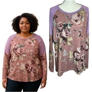 Bestbee Floral Top Purple and Pink Womens Long Sleeve Scoop Neck Shirt Size XL